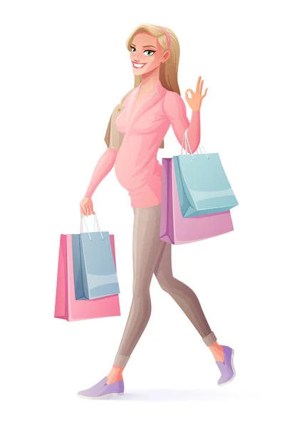 Donna incinta vettoriale che cammina con le borse della spesa e mostra OK . — Vettoriale Stock