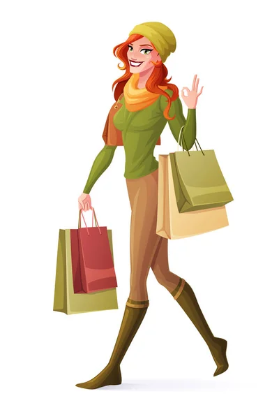 Vector redhead woman walking with shopping bags and showing OK. — Stock Vector