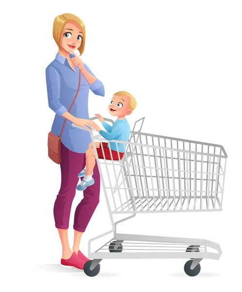 Mãe cuidadosa com o filho sentado no carrinho de compras. Ilustração vetorial . — Vetor de Stock