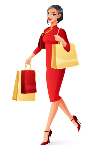 Beautiful Chinese Asian woman walking with shopping bags. Vector illustration. — Stock Vector