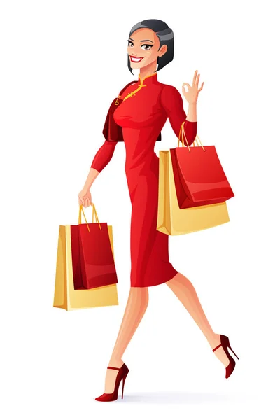 Vector beautiful Chinese woman walking with shopping bags showing OK. — Stock Vector