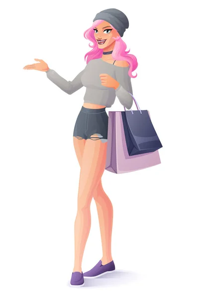 Vetor bonito cabelo rosa jovem com sacos de compras apresentando . —  Vetores de Stock