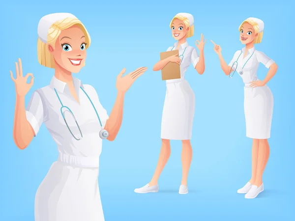 Smiling medical nurse in uniform in various poses. Vector set. — Stock Vector