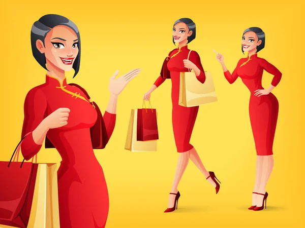 Ler kinesisk kvinna i olika poser. Vektor set. — Stock vektor