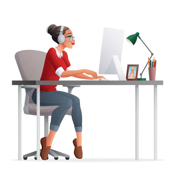 Vector mujer independiente que trabaja en casa oficina con computadora de escritorio . — Vector de stock