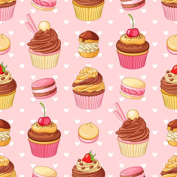 ピンクの背景の pcakes、マカロン、心のシームレスなベクトル パターン. — ストックベクタ
