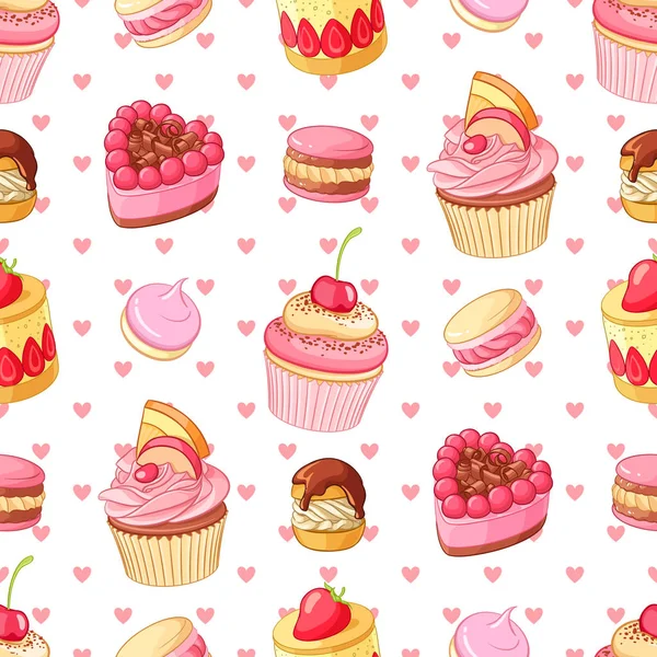 Valentijnsdag naadloze vector patroon met verschillende desserts en harten. — Stockvector
