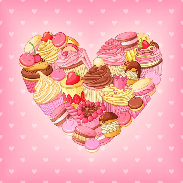 餐后甜点矢量在粉红色的背景上的心。St.Valentines 天装饰. — 图库矢量图片
