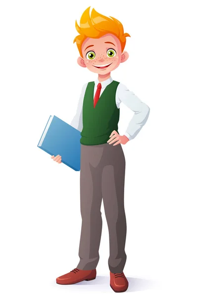 Vector cute smiling young student redhead boy in school uniform. — Stock Vector