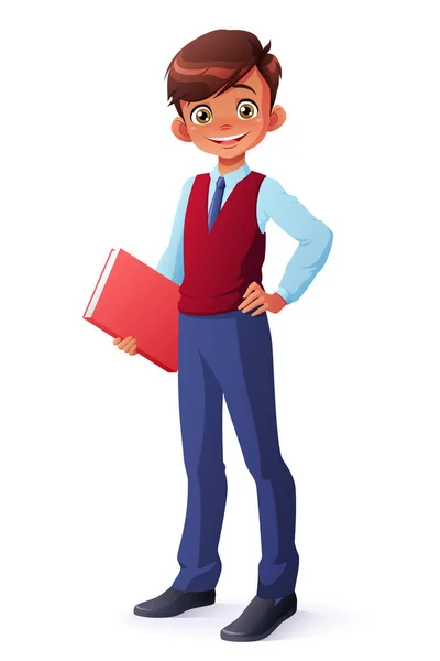 Vector intelligent young school boy in uniform standing with book. — Stock Vector