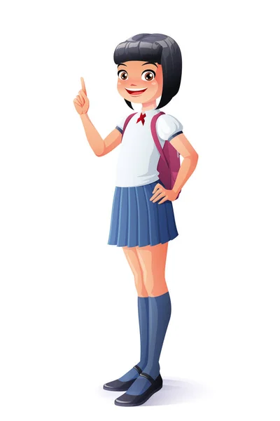 Vector lindo asiática escuela chica dedo apuntando hacia arriba con idea . — Archivo Imágenes Vectoriales
