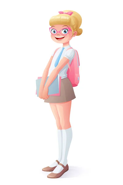 Vector cute smiling young school student girl standing with textbooks. — Stock Illustration Vector cute smiling young school student girl standing with textbooks. Royalty Free Stock Vectors