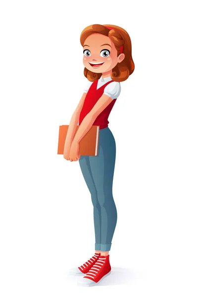 Vector cute smiling young school student girl standing with book. — Stock Illustration Vector cute smiling young school student girl standing with book. Royalty Free Stock Illustrations