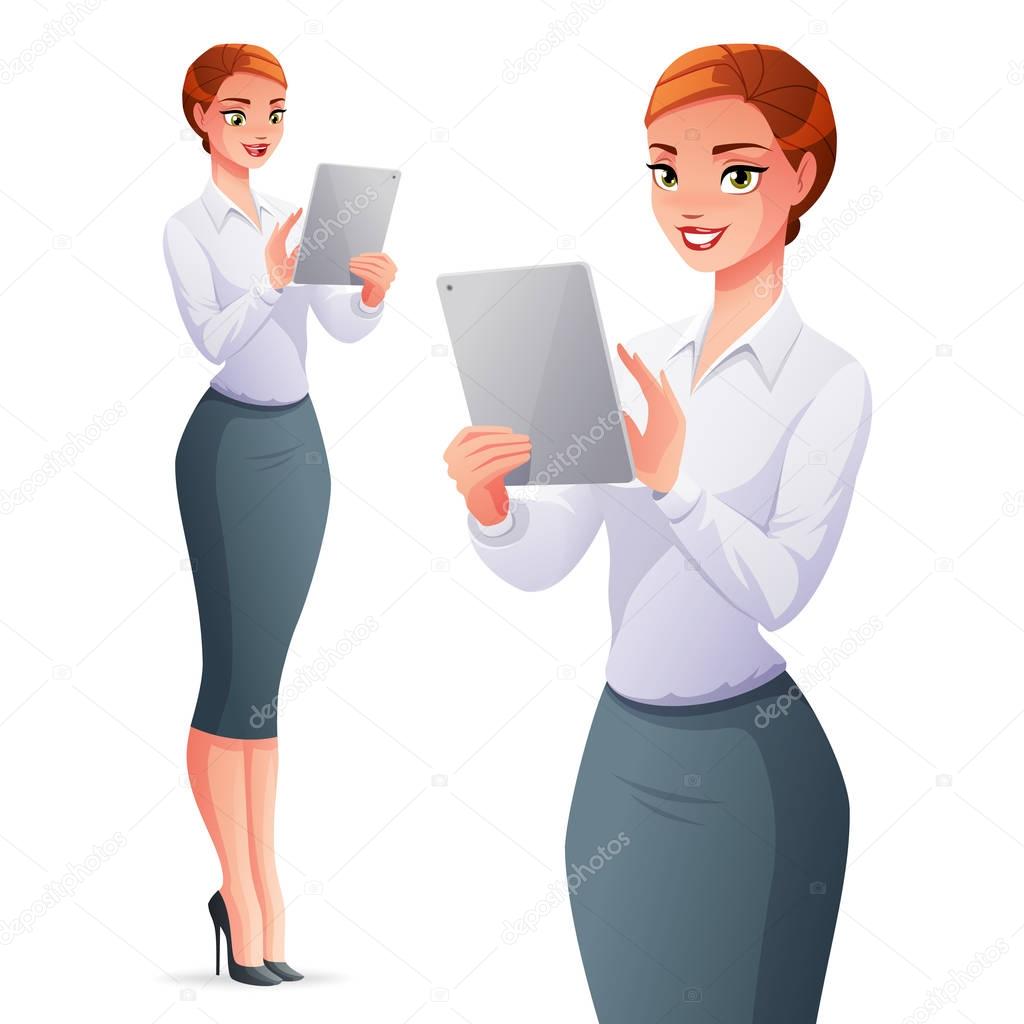 Beautiful business woman using tablet computer. Vector illustration.
