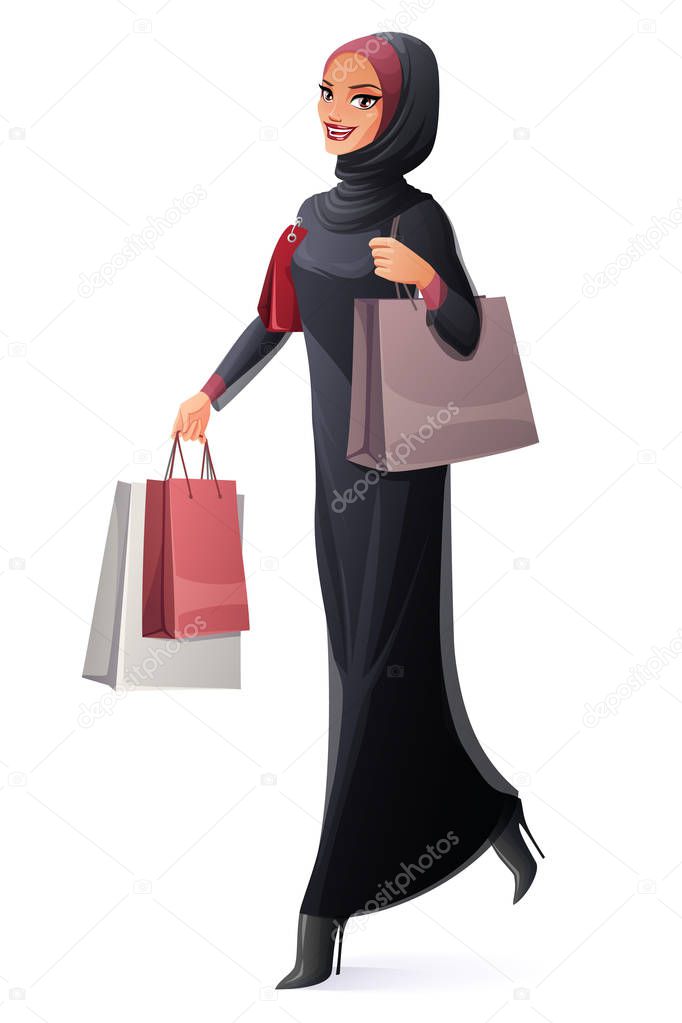 Vector beautiful Muslim woman in hijab walking with shopping bags.
