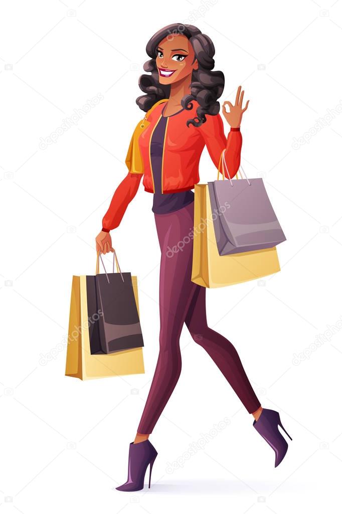 Vector African woman walking with shopping bags and showing OK.