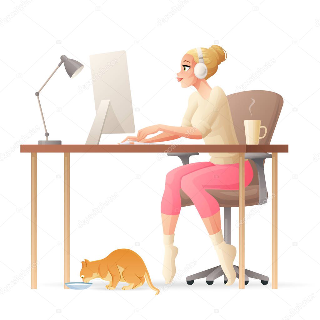 Vector freelance woman working home office with desktop computer.
