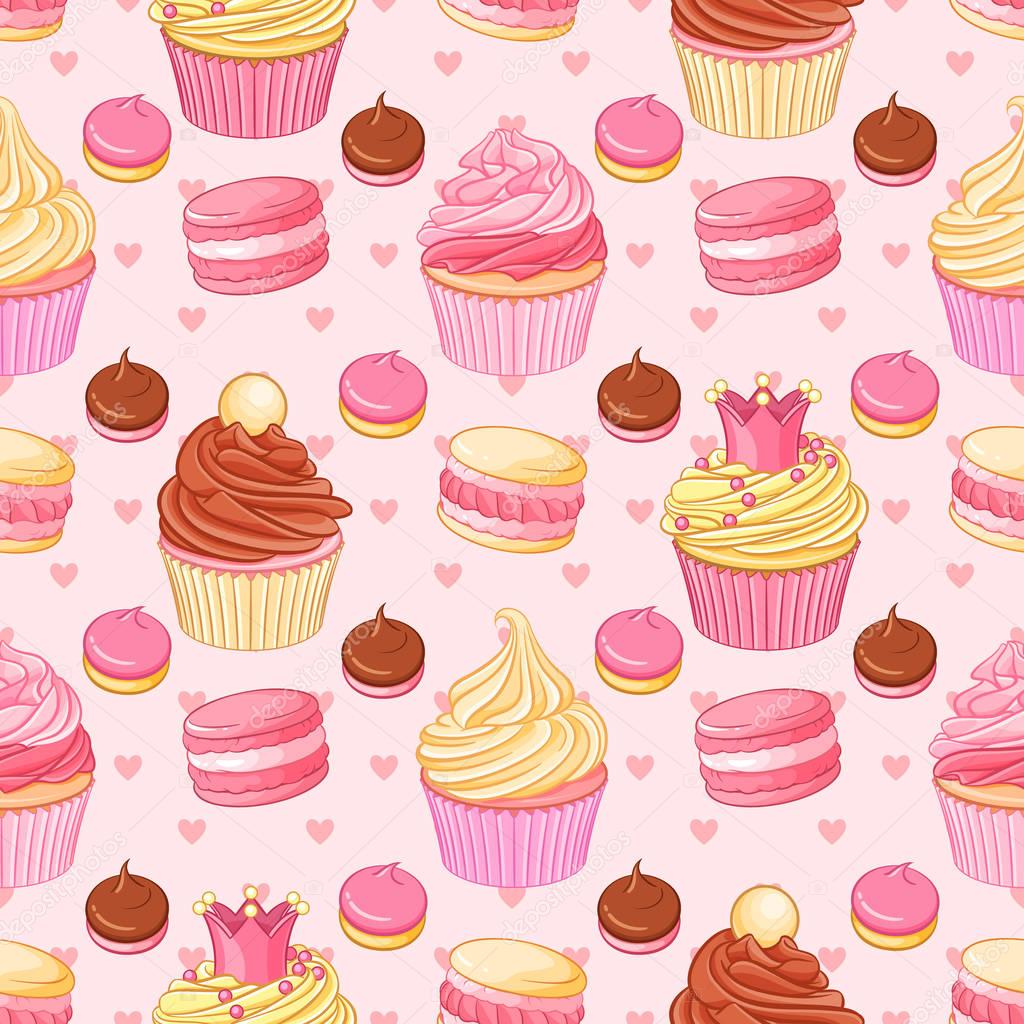Cupcakes, macaroons, hearts seamless vector pattern on pink background.