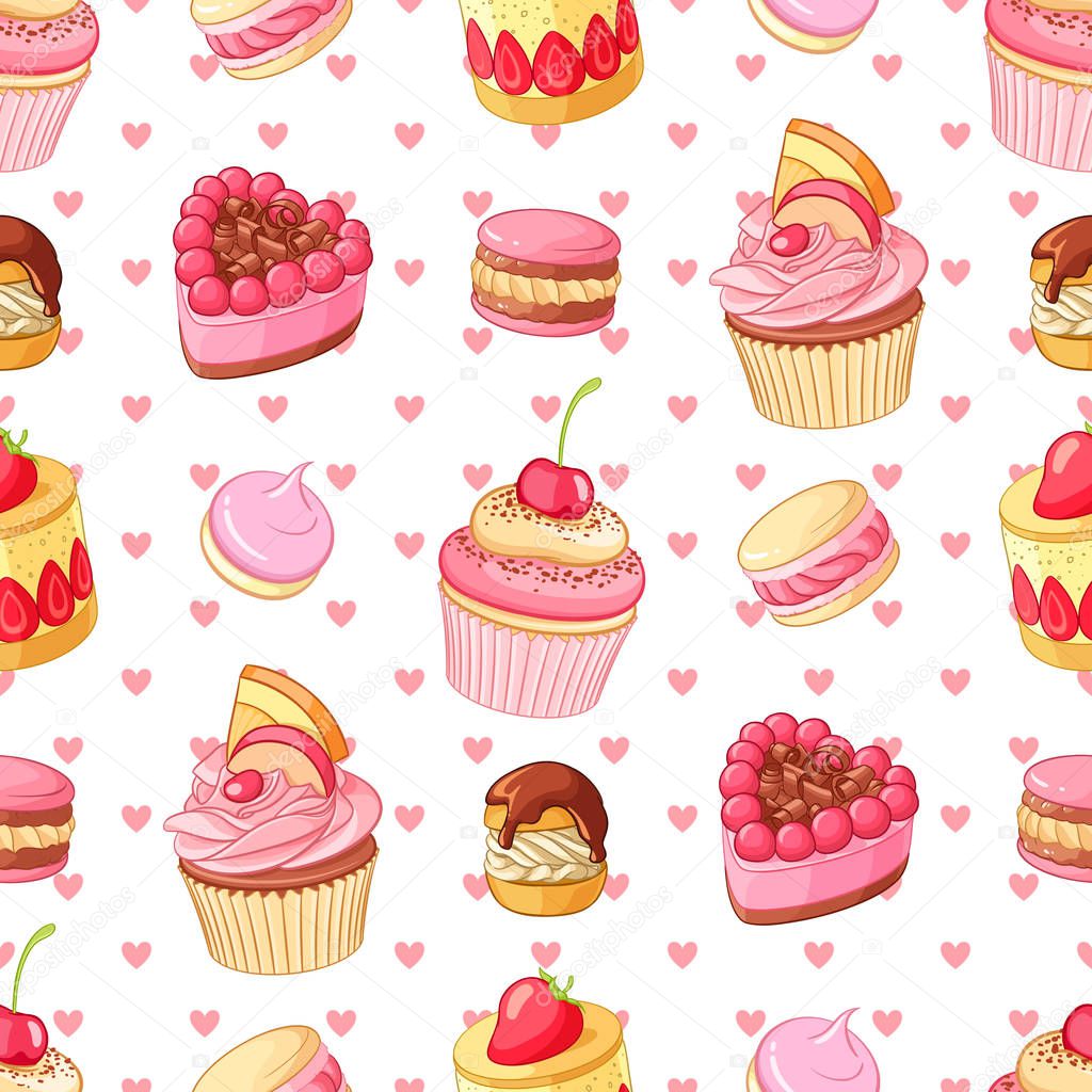 Valentines Day seamless vector pattern with various desserts and hearts.