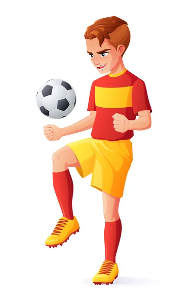 ベクトル若いフットボールまたはサッカー プレーヤー男の子のボールでジャグリング. — ストックベクタ