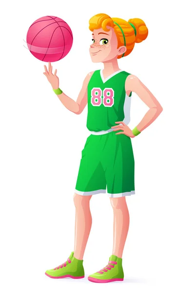 Vector joven pelirroja baloncesto jugador chica spinning bola en el dedo . — Vector de stock