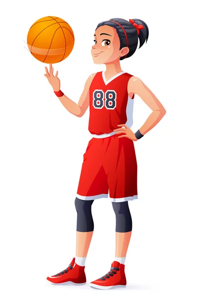 Vektör genç Asian basketbol oyuncu kız dönen topu üstünde parmak. — Stok Vektör
