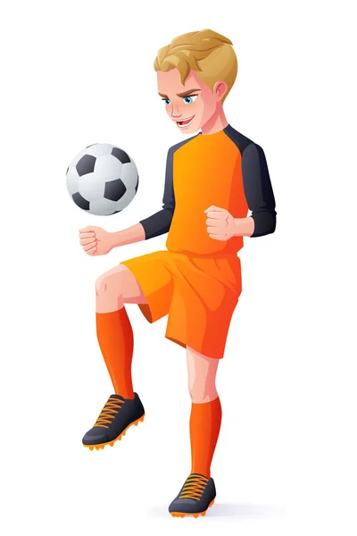 ベクトル若いフットボールまたはサッカー プレーヤー男の子のボールで遊んで. — ストックベクタ