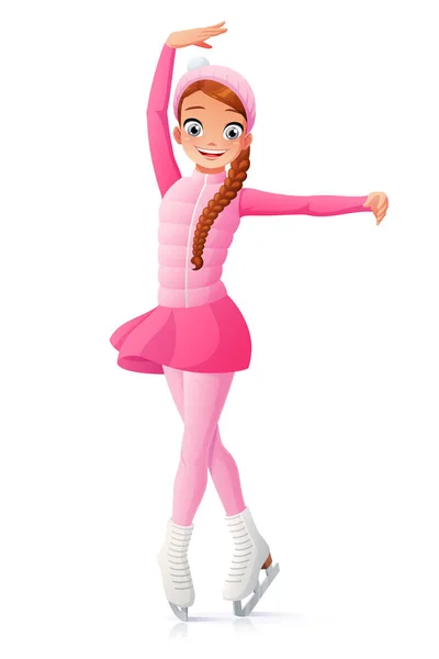 Vector cute smiling young girl figure skating on ice. — Stock Vector