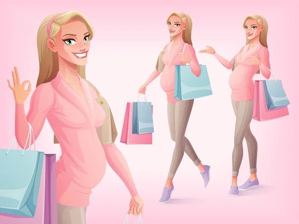 Vector set van mooie zwangere vrouw met shopping tassen. — Stockvector