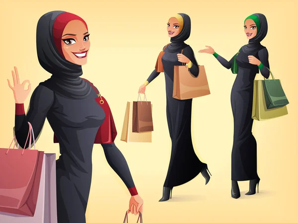 Vektor set wanita muslim yang indah dalam pose yang berbeda . - Stok Vektor
