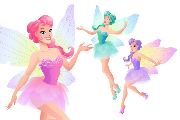 Vector set of beautiful fairies with butterfly wings. — Stock Vector