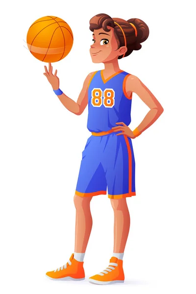 Векторная молодая симпатичная баскетболистка крутит мяч на пальце . Стоковый вектор