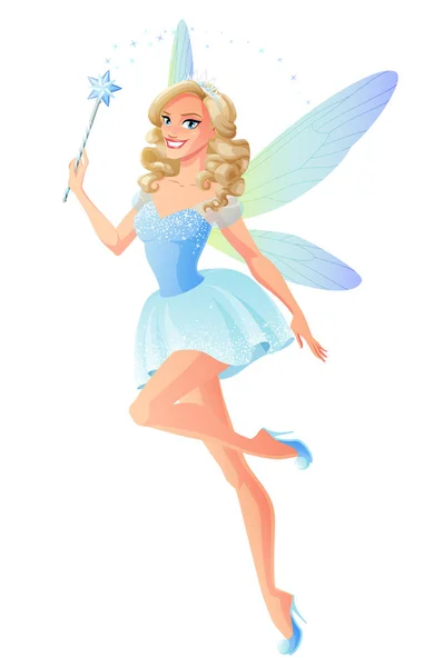 Vector beautiful blue fairy with magic wand and dragonfly wings. — Stock Vector