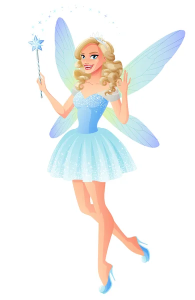 Vector beautiful blue fairy with magic wand and dragonfly wings. — Stock Vector