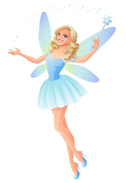 Vector beautiful blue fairy with magic wand and dragonfly wings. — Stock Vector