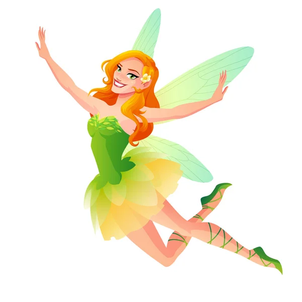 녹색 드레스에 날개를 가진 벡터 귀여운 비행 꽃 요정. — 스톡 벡터