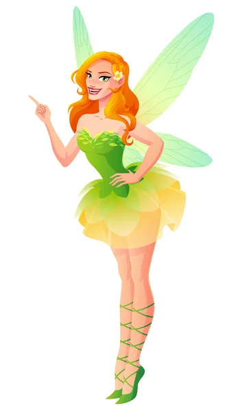 Vector beautiful green floral fairy with wings finger pointing up. — Stock Vector