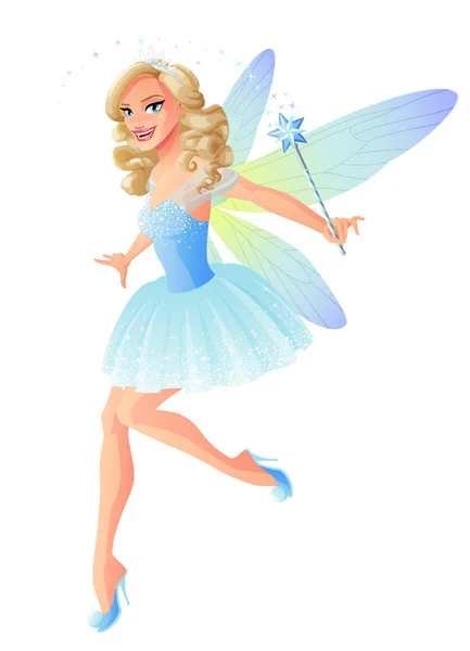 Vector beautiful tooth fairy in blue dress with magic wand. — Stock Vector