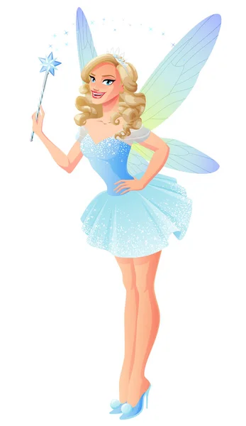 Vector beautiful tooth fairy in blue dress with magic wand. — Stock Vector