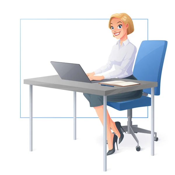 Vector smiling business woman working with laptop at office desk. — Stock Vector