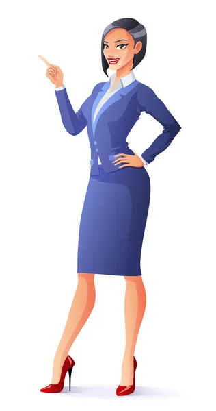 Vector smiling business woman in suit with finger pointing up. — Stock Vector