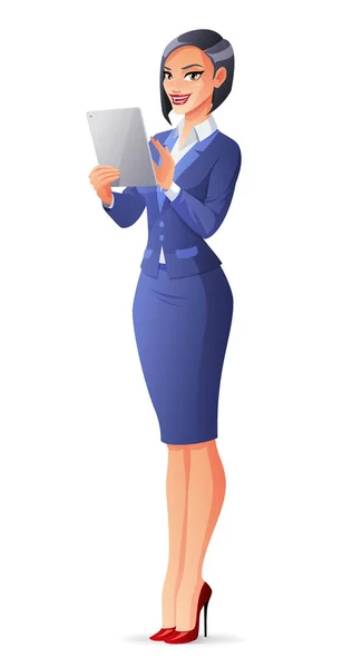 Vektor schöne lächelnde Geschäftsfrau im Anzug mit Tablet-Computer. — Stockvektor