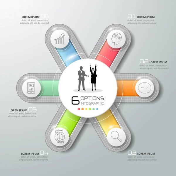 Modelo infográfico 3d abstrato 6 passos , — Vetor de Stock