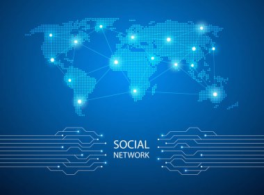 Mavi arka plan ile Dünya Haritası, internet hattı, bağlı Puan