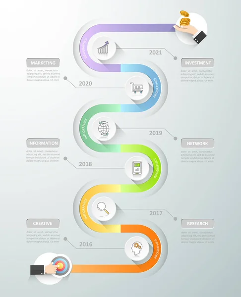 Tasarım zaman çizelgesi Infographic şablonu. İş kavramı 6 seçenekleri
