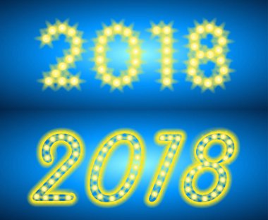 Soyut parlak 2018. Mavi arka plan üzerinde tasarım neon metin.