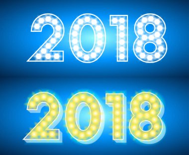 Soyut parlak 2018. Mavi arka plan üzerinde tasarım neon metin. 