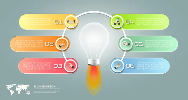 Progettazione lampadina infografica 6 opzioni, Business concept infografica — Vettoriale Stock