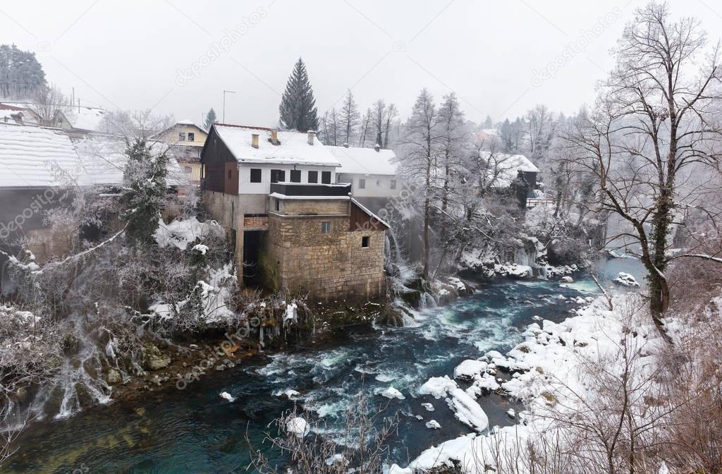 Beautiful and magic waterfalls during winter at Slunj, Croatia, 