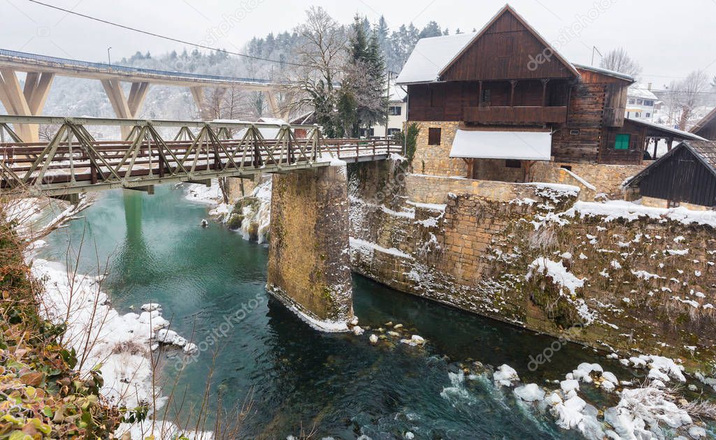 Beautiful and magic waterfalls during winter at Slunj, Croatia, 